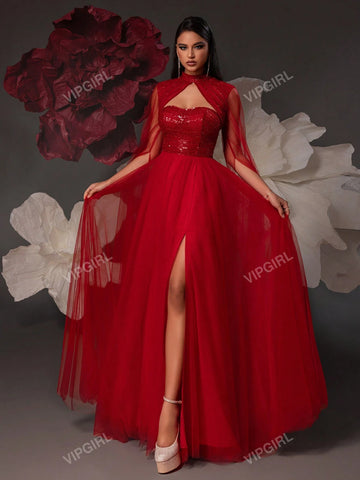 Contrast Sequin Cut Out Split Thigh Mesh Cape Dress