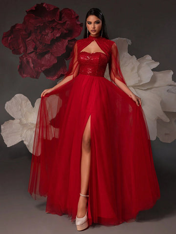 VIPGIRL Mesh Sheer Sleeved Elegant Women Evening Dress