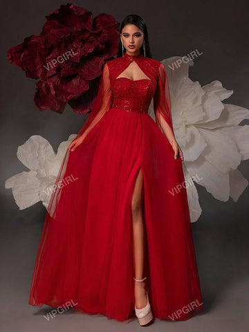 Contrast Sequin Cut Out Split Thigh Mesh Cape Dress