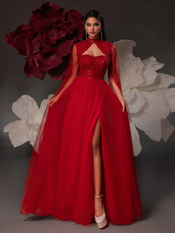 VIPGIRL Mesh Sheer Sleeved Elegant Women Evening Dress