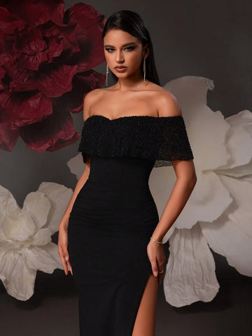 VIPGIRL Off Shoulder Black Long Women Evening Formal Dress