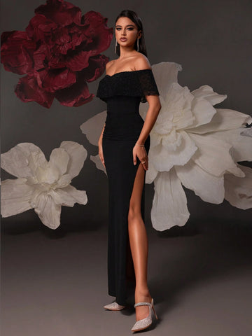 VIPGIRL Off Shoulder Black Long Women Evening Formal Dress