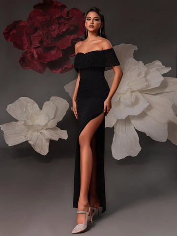 VIPGIRL Off Shoulder Black Long Women Evening Formal Dress