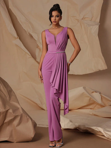 VIPGIRL Sleeveless Deep V-Neck Elegant Women Party Jumpsuit With Waist Belt