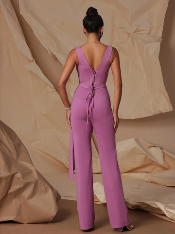 VIPGIRL Sleeveless Deep V-Neck Elegant Women Party Jumpsuit With Waist Belt