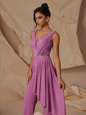 VIPGIRL Sleeveless Deep V-Neck Elegant Women Party Jumpsuit With Waist Belt