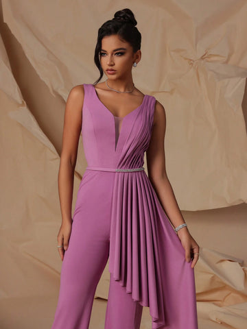 VIPGIRL Sleeveless Deep V-Neck Elegant Women Party Jumpsuit With Waist Belt