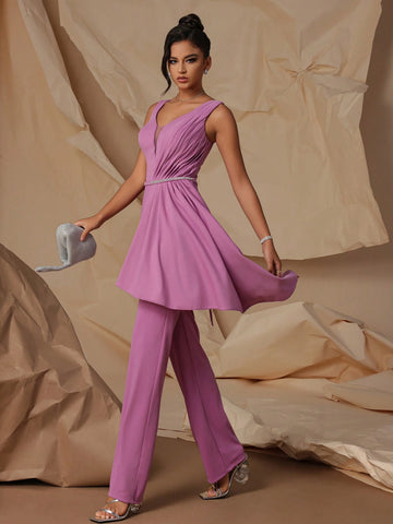 VIPGIRL Sleeveless Deep V-Neck Elegant Women Party Jumpsuit With Waist Belt