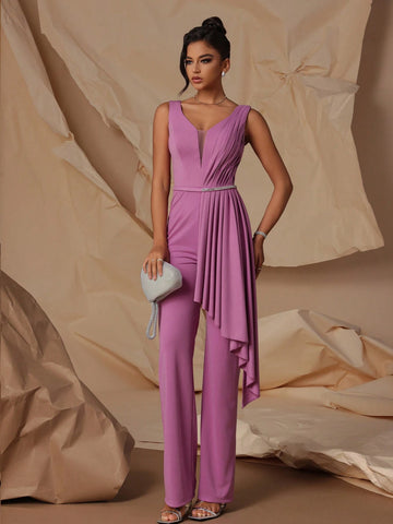VIPGIRL Sleeveless Deep V-Neck Elegant Women Party Jumpsuit With Waist Belt