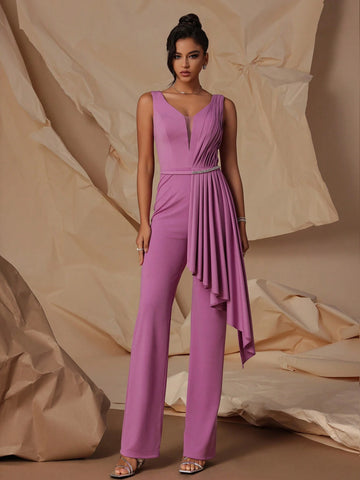 VIPGIRL Sleeveless Deep V-Neck Elegant Women Party Jumpsuit With Waist Belt