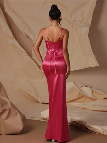 VIPGIRL Split Hem Spaghetti Strap High Waist Women Evening Dress