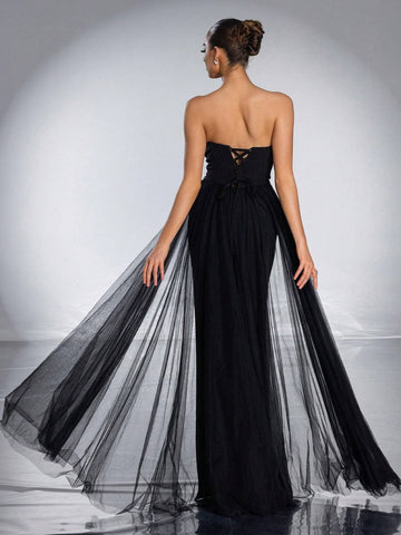 VIPGIRL Strapless Mesh Elegant Women Evening Dress