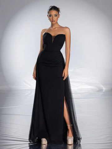 VIPGIRL Strapless Mesh Elegant Women Evening Dress