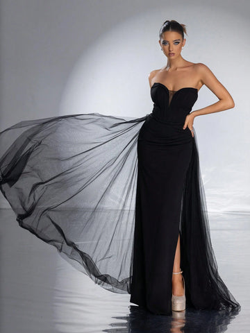 VIPGIRL Strapless Mesh Elegant Women Evening Dress