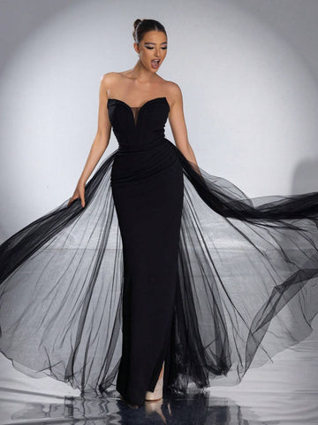 VIPGIRL Strapless Mesh Elegant Women Evening Dress