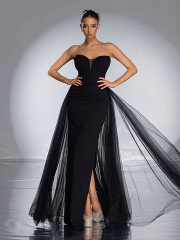 VIPGIRL Strapless Mesh Elegant Women Evening Dress