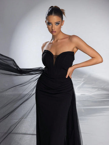 VIPGIRL Strapless Mesh Elegant Women Evening Dress