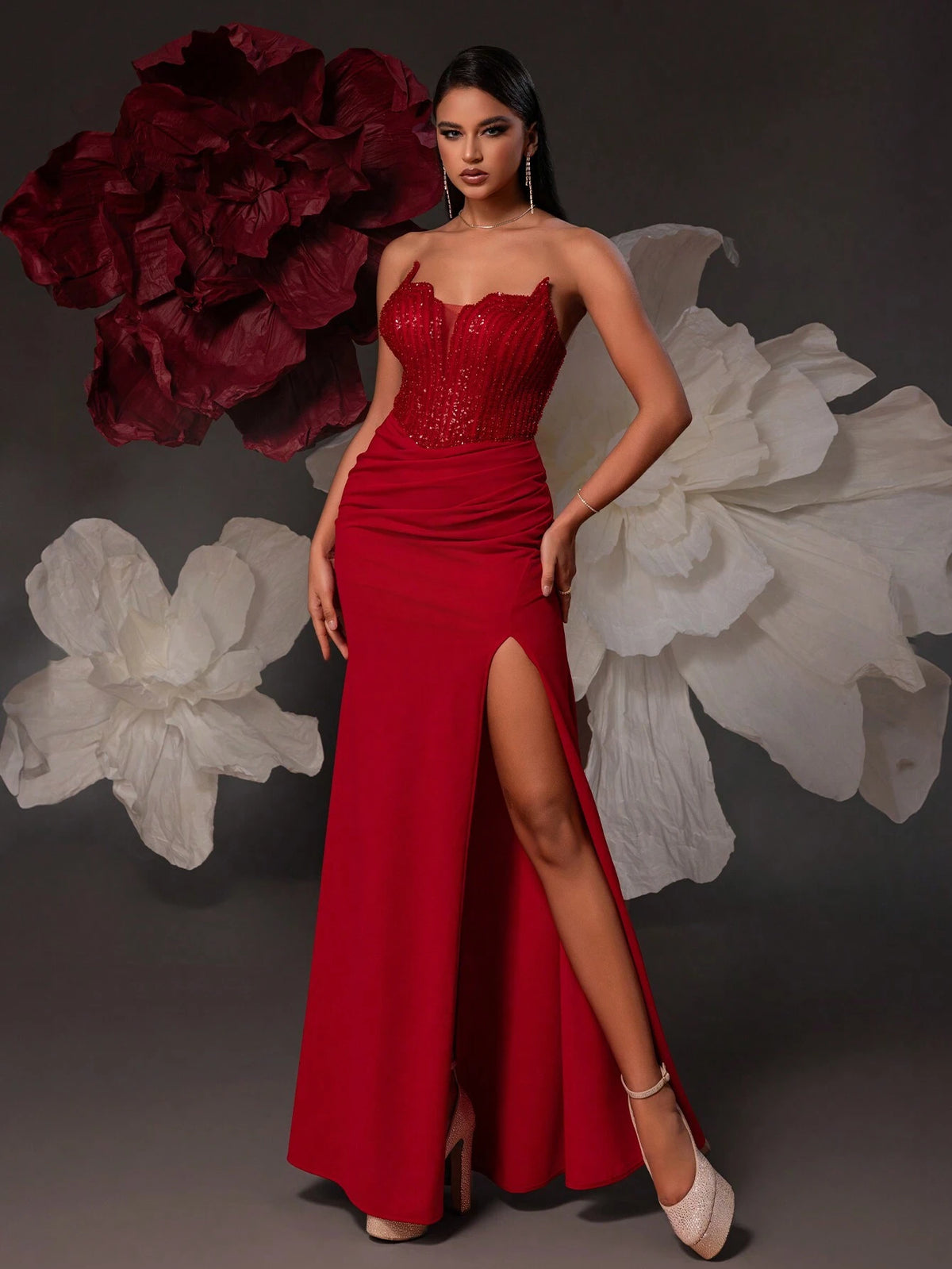 VIPGIRL Strapless Sequin Embellished Long Evening Dress With Split For Women