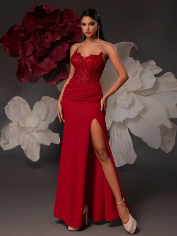 VIPGIRL Strapless Sequin Embellished Long Evening Dress With Split For Women