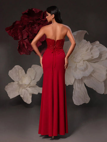 VIPGIRL Strapless Sequin Embellished Long Evening Dress With Split For Women