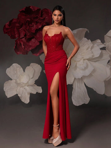 VIPGIRL Strapless Sequin Embellished Long Evening Dress With Split For Women