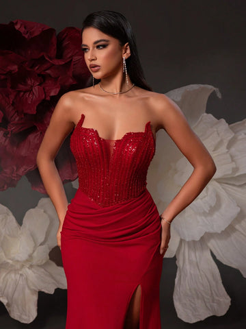 VIPGIRL Strapless Sequin Embellished Long Evening Dress With Split For Women