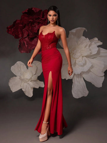 VIPGIRL Strapless Sequin Embellished Long Evening Dress With Split For Women