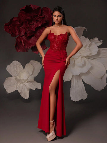 VIPGIRL Strapless Sequin Embellished Long Evening Dress With Split For Women