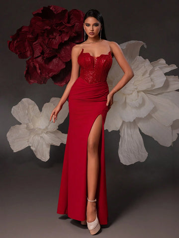 VIPGIRL Strapless Sequin Embellished Long Evening Dress With Split For Women