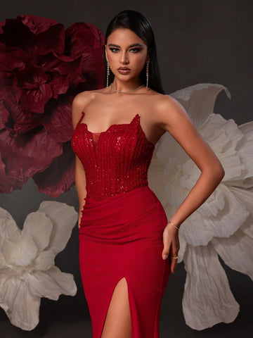 VIPGIRL Strapless Sequin Embellished Long Evening Dress With Split For Women