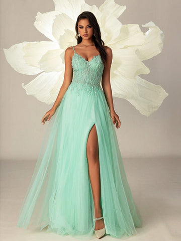 VIPGIRL Women Elegant Halter Mesh Net Slit Thigh Evening Party Dress