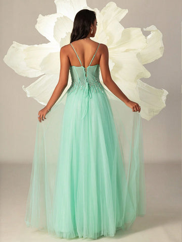 VIPGIRL Women Elegant Halter Mesh Net Slit Thigh Evening Party Dress