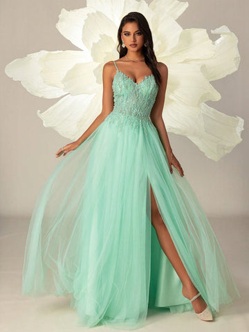 VIPGIRL Women Elegant Halter Mesh Net Slit Thigh Evening Party Dress