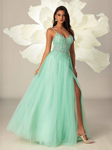 VIPGIRL Women Elegant Halter Mesh Net Slit Thigh Evening Party Dress