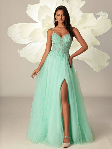 VIPGIRL Women Elegant Halter Mesh Net Slit Thigh Evening Party Dress