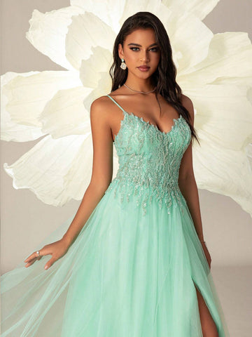 VIPGIRL Women Elegant Halter Mesh Net Slit Thigh Evening Party Dress