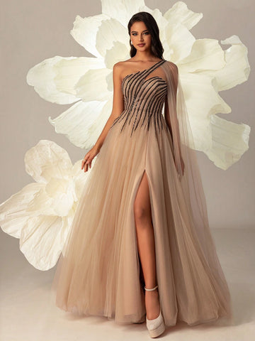 VIPGIRL Women Mesh Oblique-Shoulder Long Evening Dress