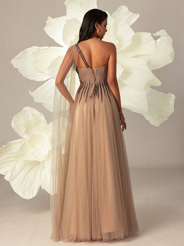 VIPGIRL Women Mesh Oblique-Shoulder Long Evening Dress