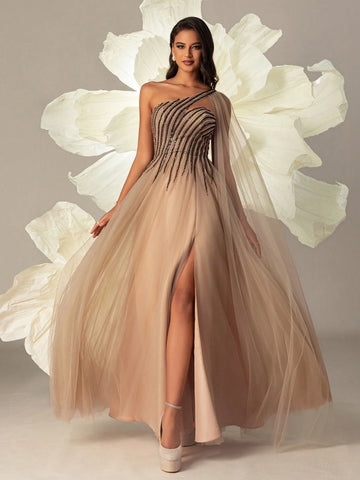 VIPGIRL Women Mesh Oblique-Shoulder Long Evening Dress