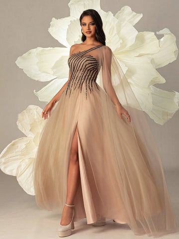 VIPGIRL Women Mesh Oblique-Shoulder Long Evening Dress