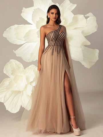 VIPGIRL Women Mesh Oblique-Shoulder Long Evening Dress