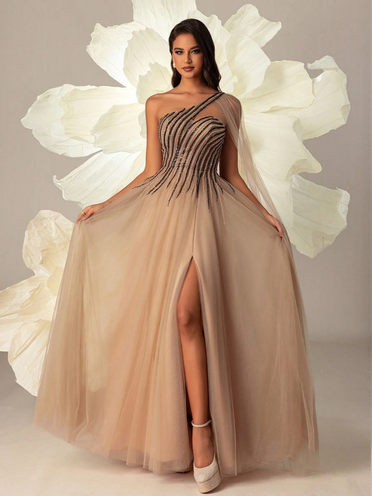 VIPGIRL Women Mesh Oblique-Shoulder Long Evening Dress