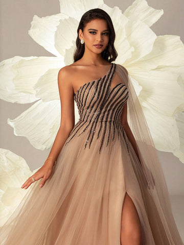 VIPGIRL Women Mesh Oblique-Shoulder Long Evening Dress