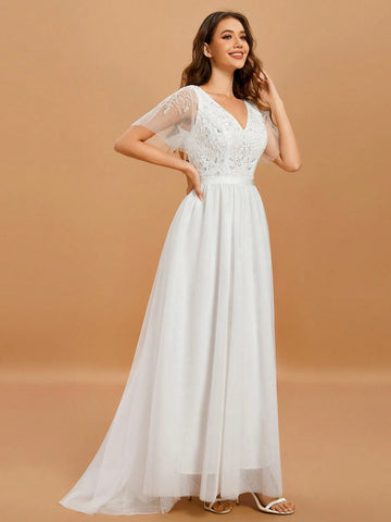 V Neck Contrast Sequin Mesh Wedding Dress