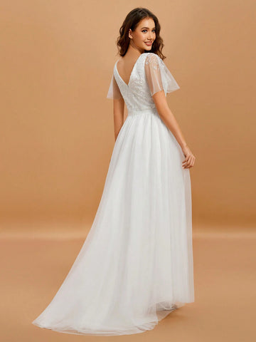 V Neck Contrast Sequin Mesh Wedding Dress