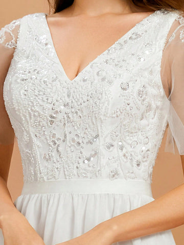 V Neck Contrast Sequin Mesh Wedding Dress
