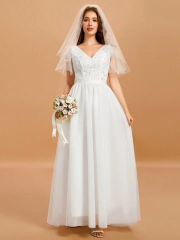 V Neck Contrast Sequin Mesh Wedding Dress