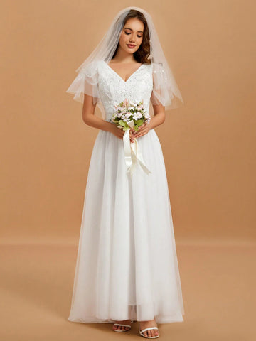 V Neck Contrast Sequin Mesh Wedding Dress