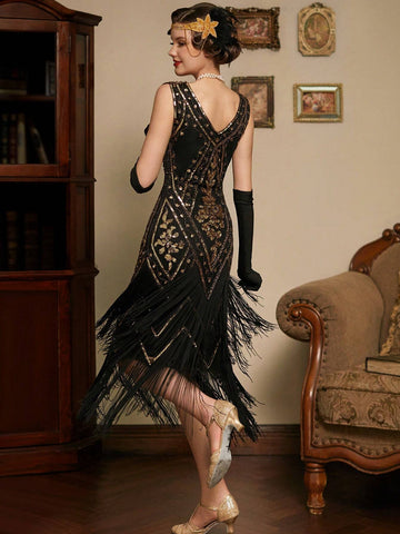 V Neck Fringed Gatsby Dress Women's 1920s Fringe Trim Sequin Dress Without Arm Sleeves