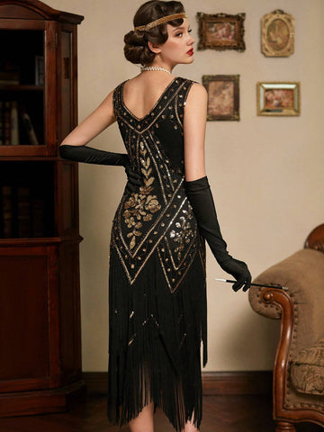 V Neck Fringed Gatsby Dress Women's 1920s Fringe Trim Sequin Dress Without Arm Sleeves